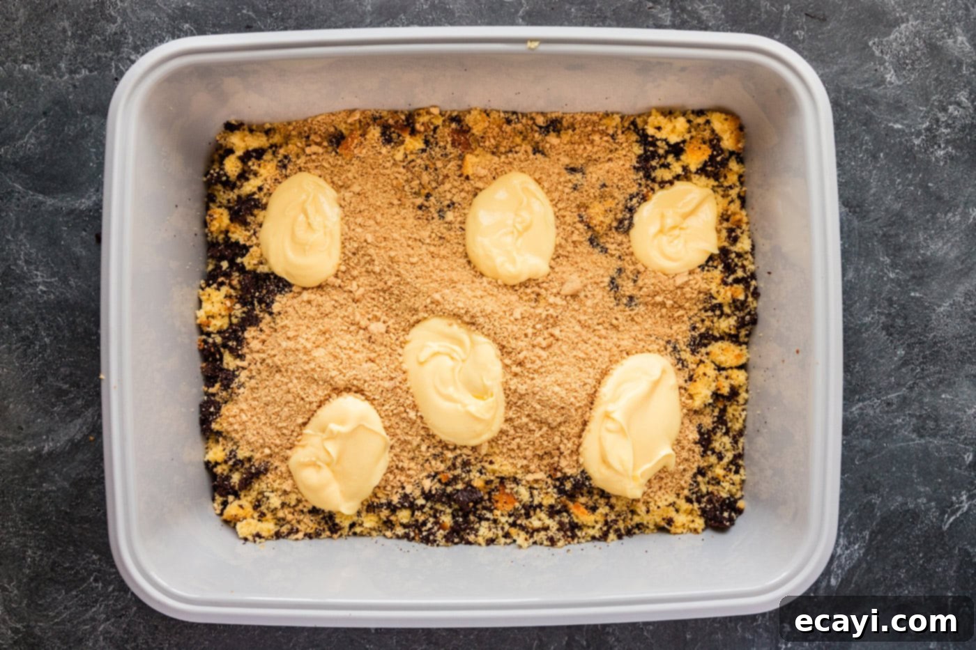 Litterally Delicious 9 pudding added on top of crushed Oreos and cake