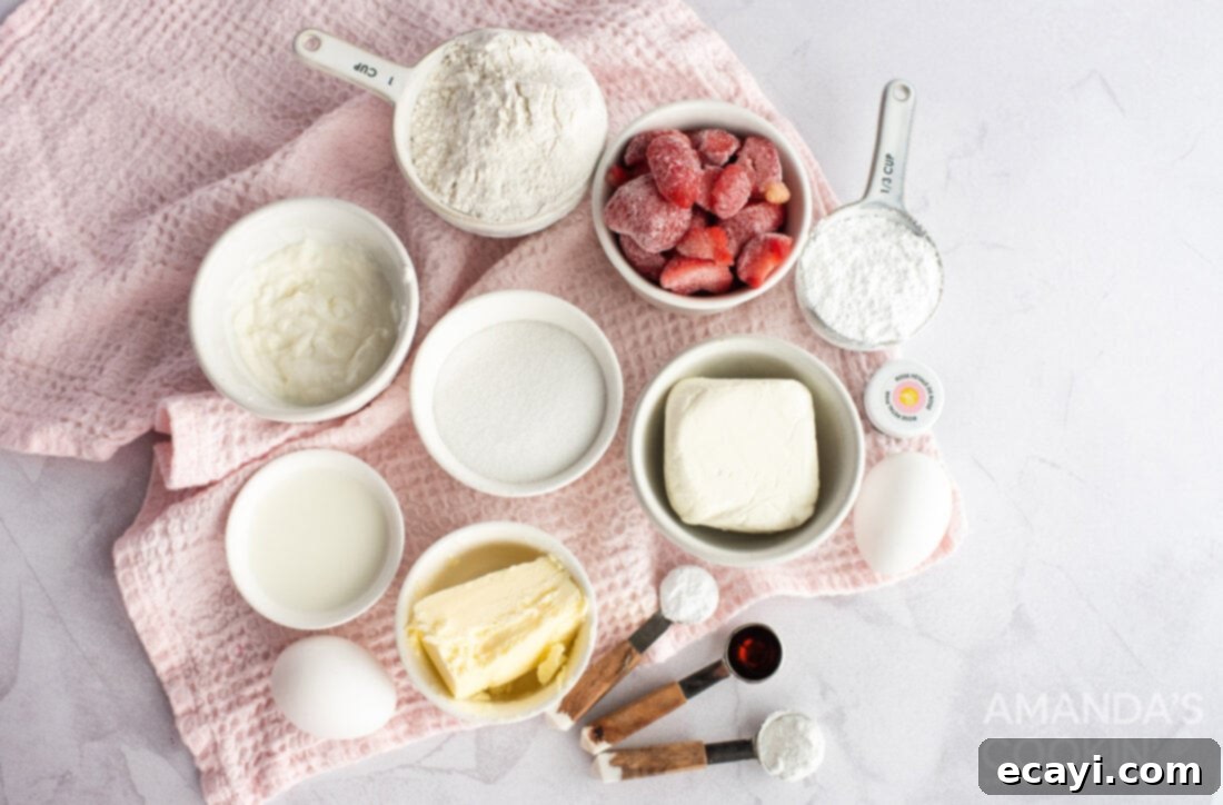 Summer Strawberry Bundt Delight 4 assortment of ingredients for making strawberry bundt cake laid out