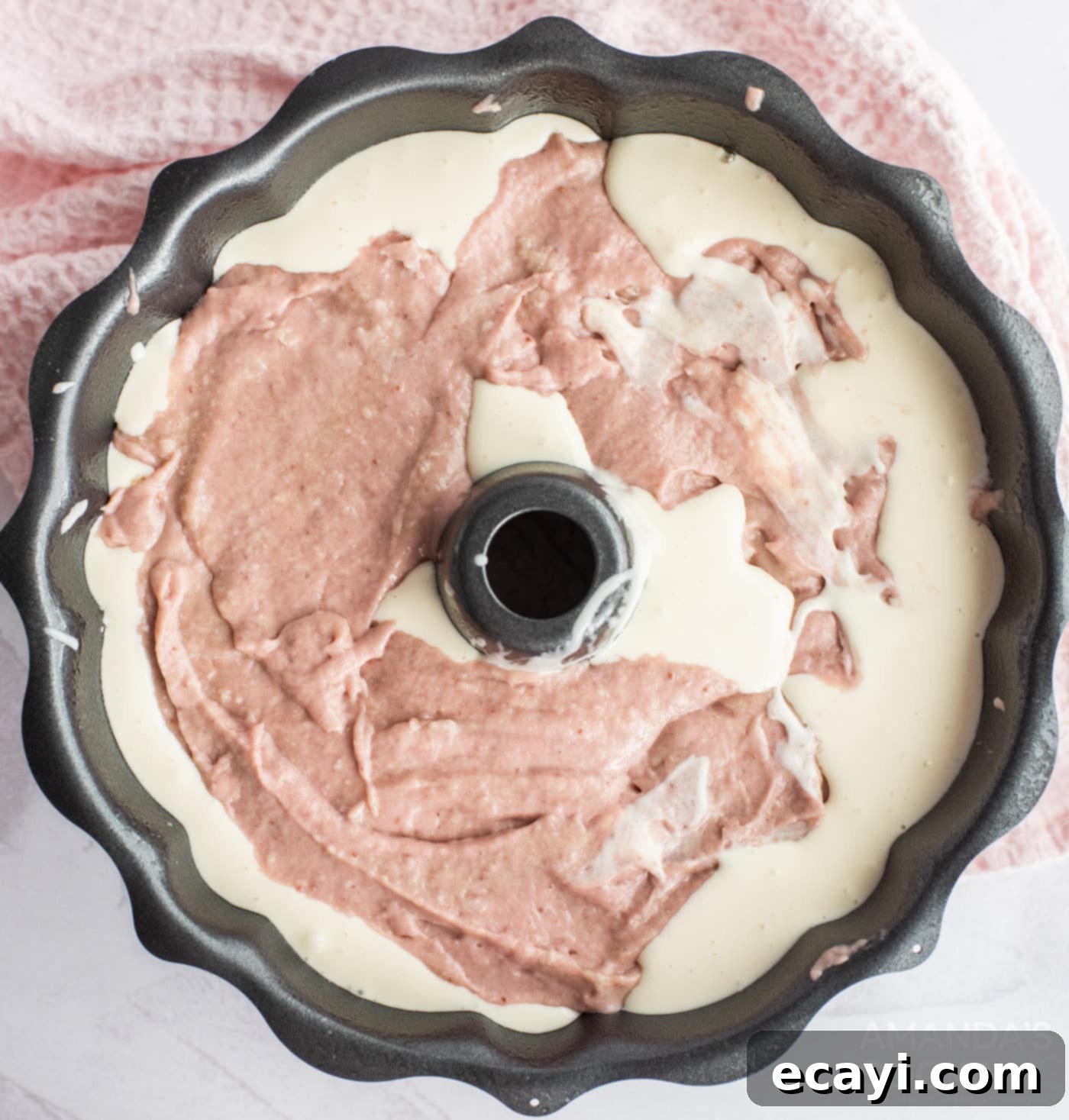 Summer Strawberry Bundt Delight 9 final cake batter poured into bundt pan