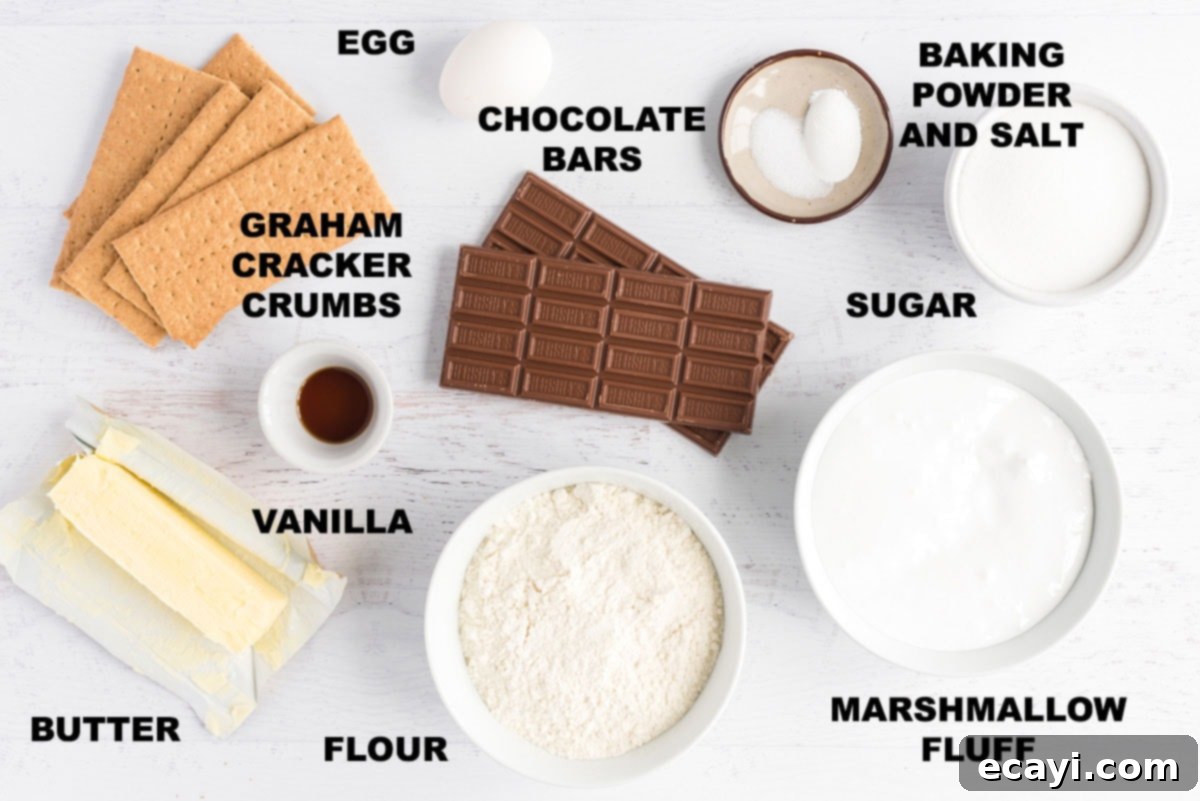 Ultimate Smores Bars 4 labeled ingredients for smores bars
