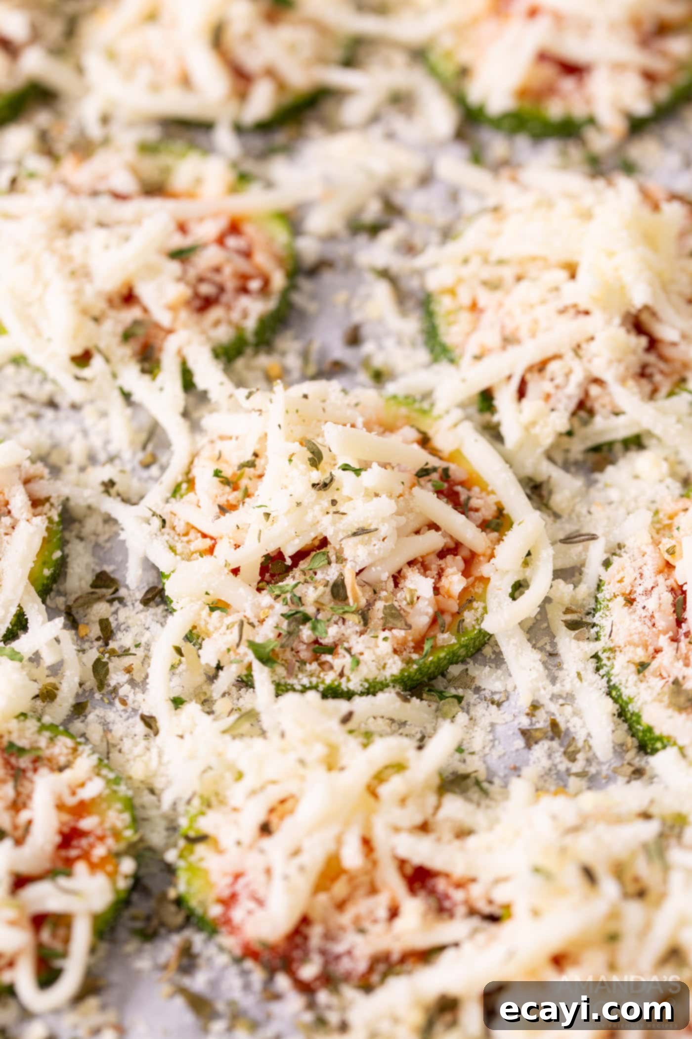 Zucchini Pizza Bites 7 cheese and seasonings on zucchini slices