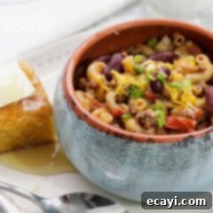 Your New Favorite Chili Mac 2 chili mac in a bowl with cornbread on the side