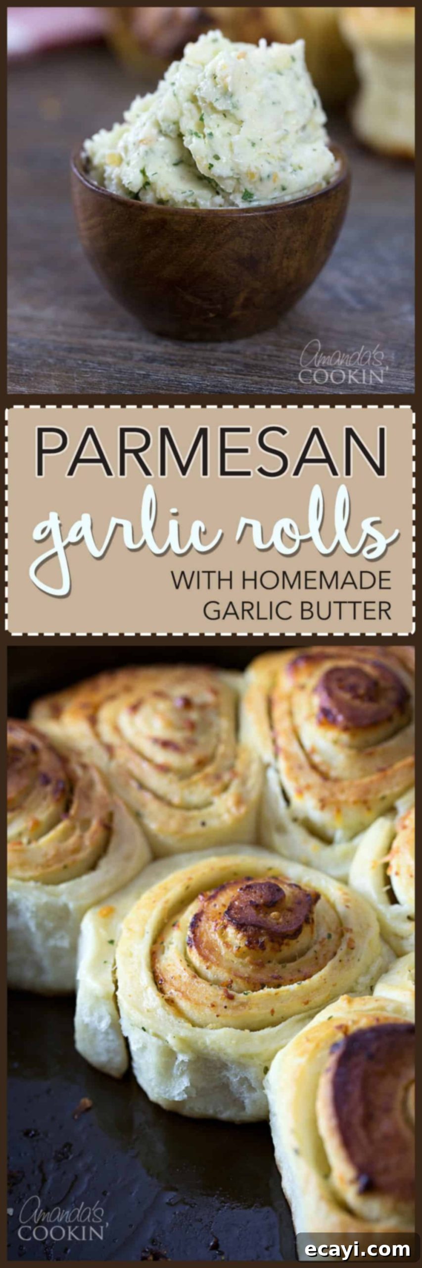 Mouthwatering Garlic Parmesan Rolls 11 A close up photo of a bowl of garlic butter next to a photo of finished Parmesan garlic rolls.
