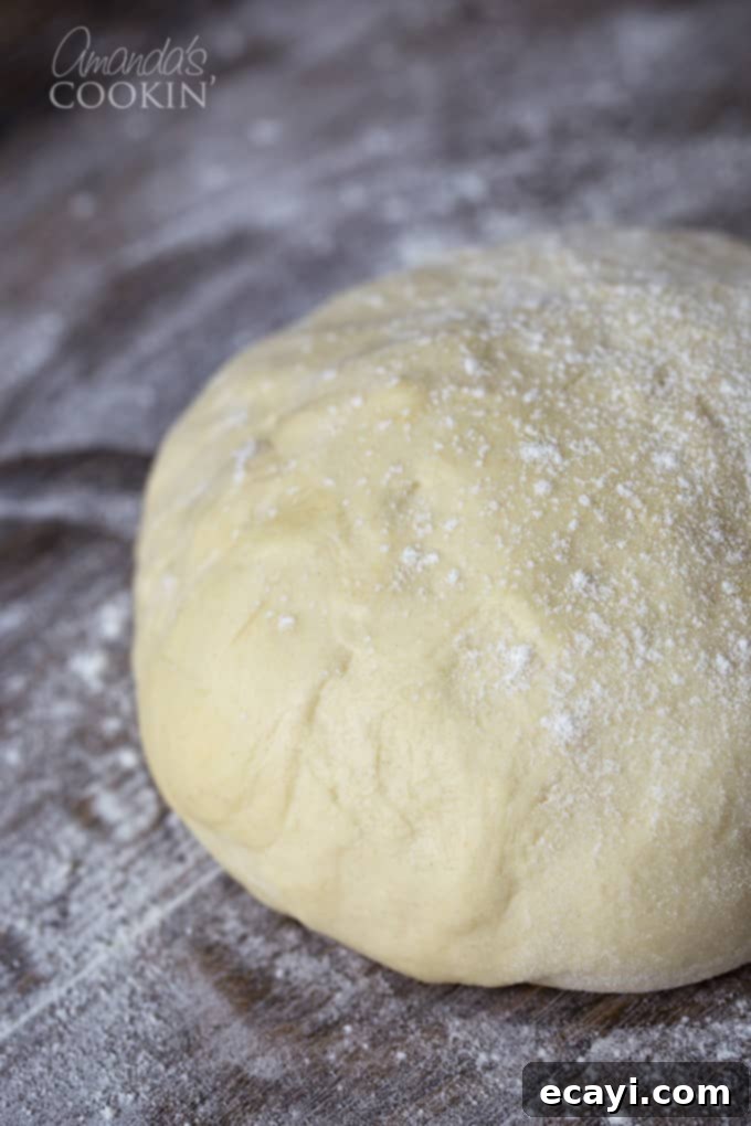 Mouthwatering Garlic Parmesan Rolls 6 A close up of Parmesan garlic roll dough, lightly dusted with flour, showing its smooth texture.