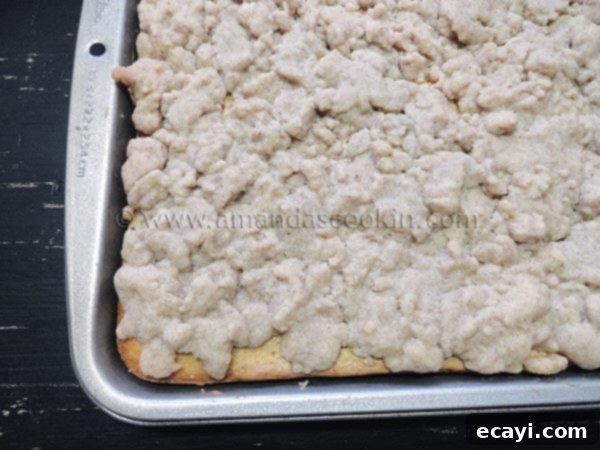 Homemade Crumb Cake Cooling A close-up of a large sheet of homemade crumb cake cooling, revealing the generous, golden-brown crumb topping and the soft cake beneath.