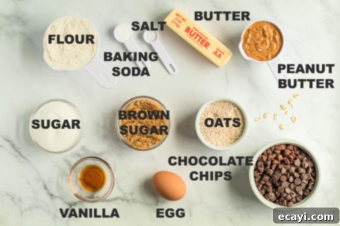 Nutty Oat Chocolate Chip Cookie Bliss 2 A collection of fresh ingredients laid out on a surface, including flour, sugars, butter, peanut butter, vanilla, egg, oats, and chocolate chips, ready for baking Peanut Butter Oatmeal Chocolate Chip Cookies.