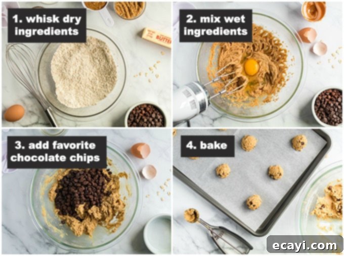 Creamy peanut butter and chew oats come together to make delicious Peanut Butter Oatmeal Chocolate Chip Cookies. People will be asking for this recipe! Step-by-step photos illustrating the process of making Peanut Butter Oatmeal Chocolate Chip Cookies, from mixing ingredients to scooping dough.