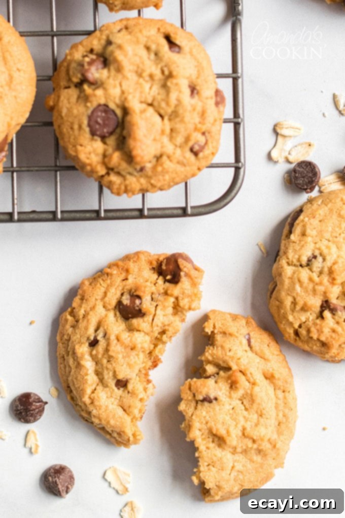 Creamy peanut butter and chew oats come together to make delicious Peanut Butter Oatmeal Chocolate Chip Cookies. People will be asking for this recipe! A broken Peanut Butter Oatmeal Chocolate Chip Cookie on a cooling rack, revealing its soft, chewy interior with melted chocolate chips.
