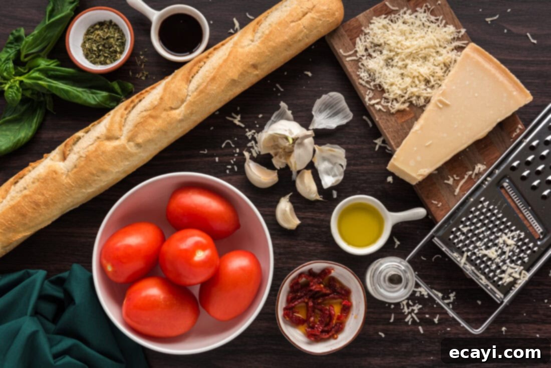 Crafting Perfect Bruschetta 4 A vibrant selection of fresh bruschetta ingredients, including Roma tomatoes, basil, garlic, and bread, laid out on a wooden board.