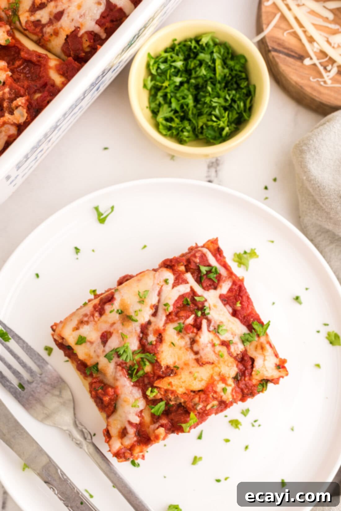 Lasagna Pinwheels 3 overhead photo of Lasagna Roll Up on a plate