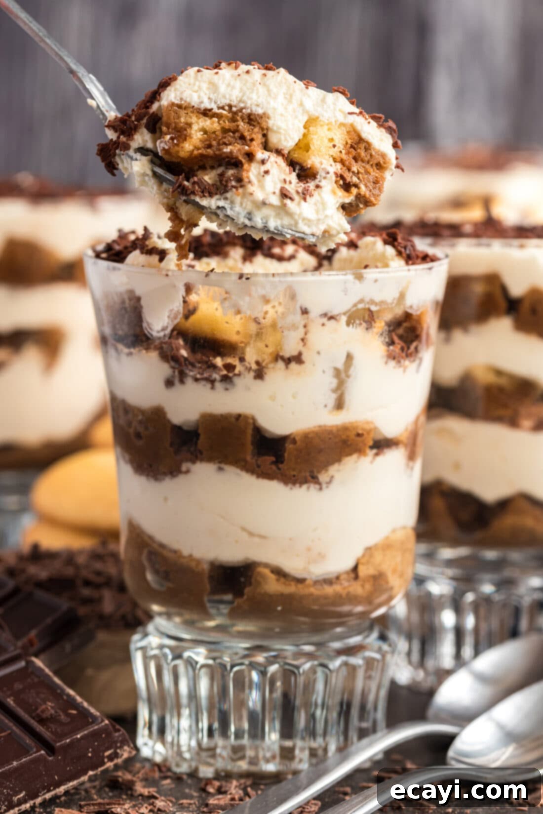 Bailey's Irish Dream Parfaits 2 Spoonful of Bailey's Tiramisu Parfait being lifted out of the parfait cup