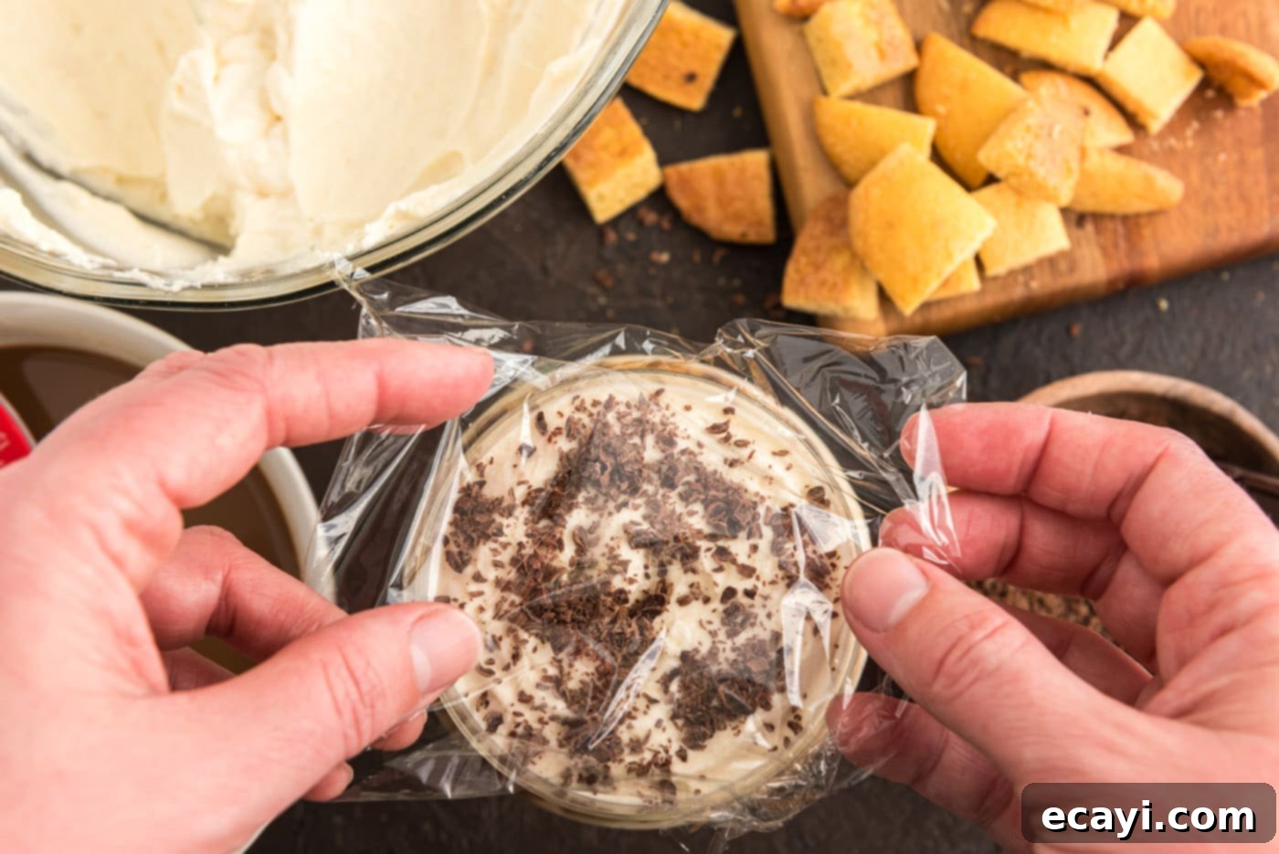 Bailey's Irish Dream Parfaits 14 covering Bailey's tiramisu parfaits with plastic wrap