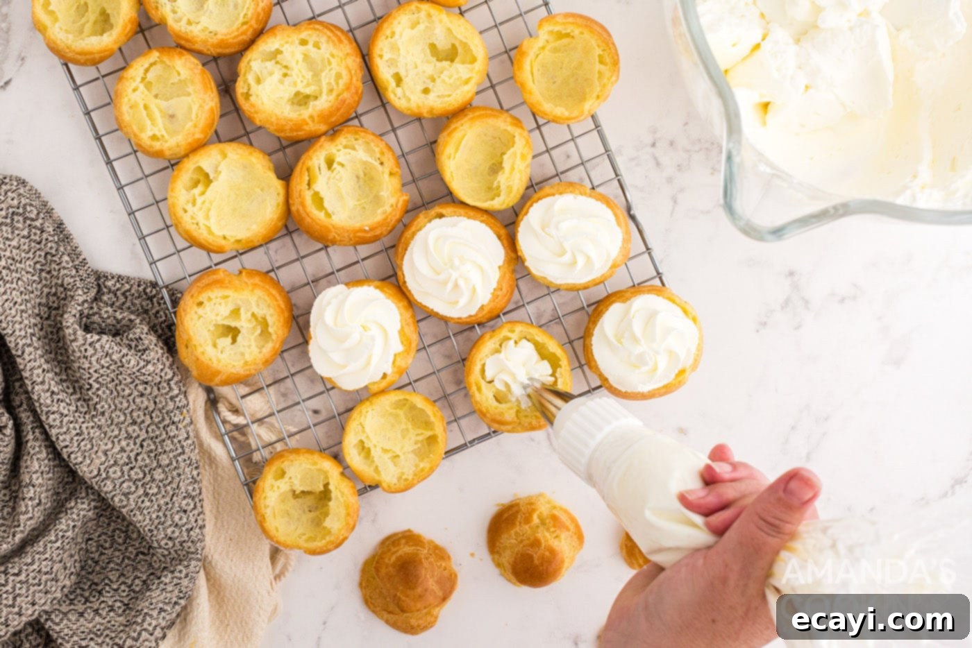 Golden Choux Delights 12 piping whipped cream onto choux pastry dough