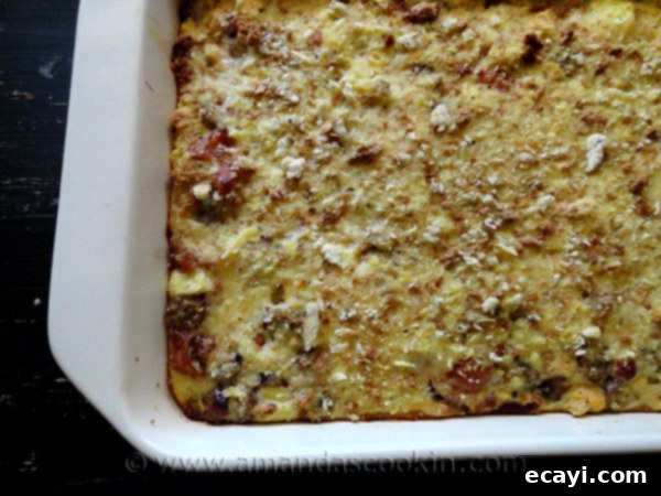 Herbed Breakfast Stuffing Casserole An overhead photo of a herbed breakfast stuffing casserole.