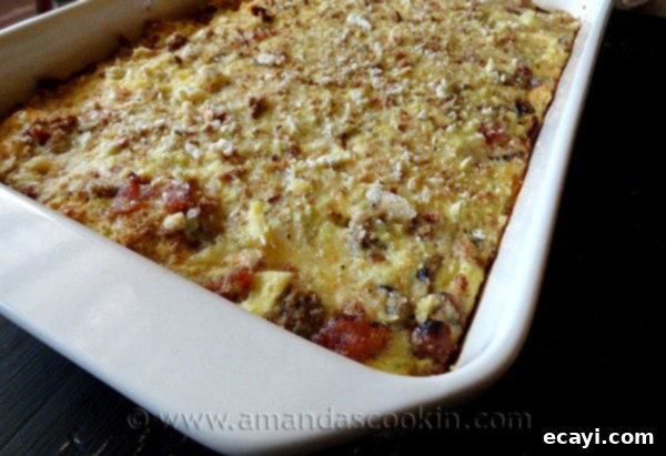 Herbed Breakfast Stuffing Casserole A close up photo of a herbed breakfast stuffing casserole.