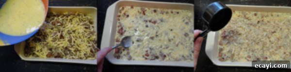 Herbed Breakfast Stuffing Casserole A close up photo of an unbaked herbed breakfast stuffing casserole.