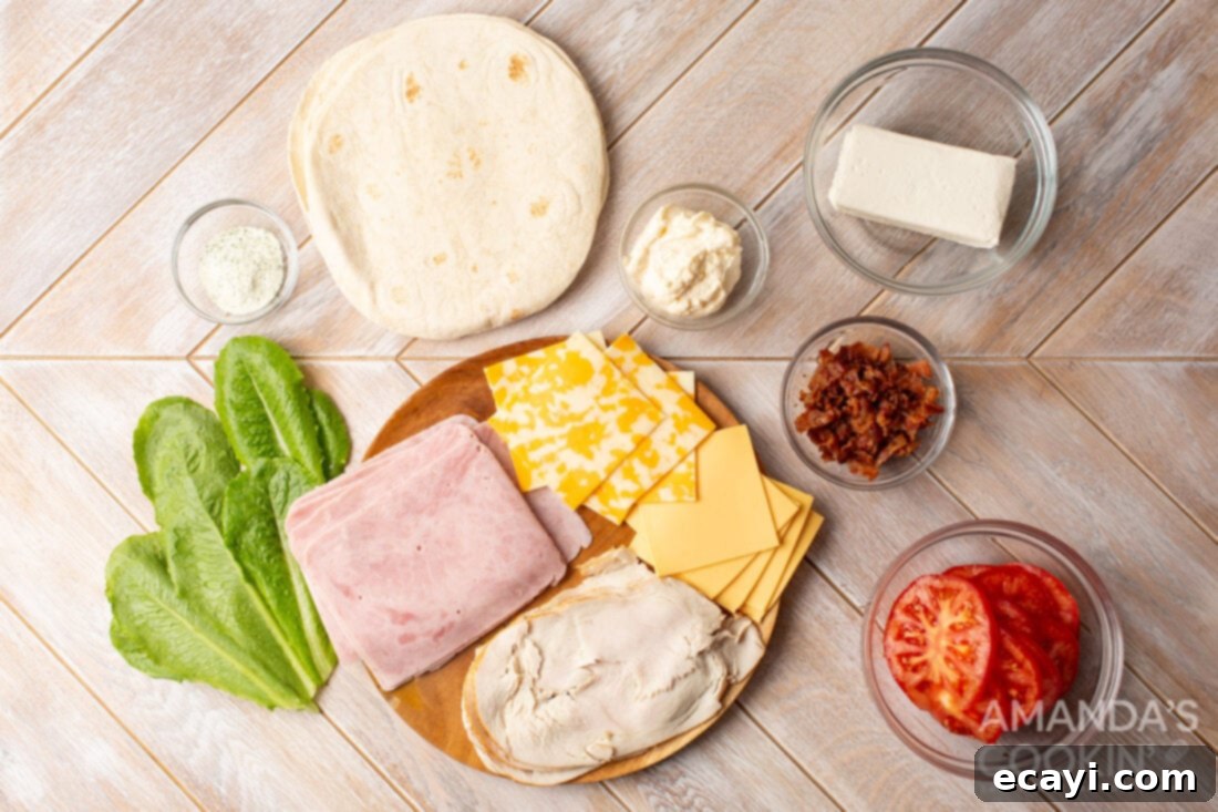 Swirl Sandwiches 4 Assorted Ingredients for Pinwheel Sandwiches on a Cutting Board