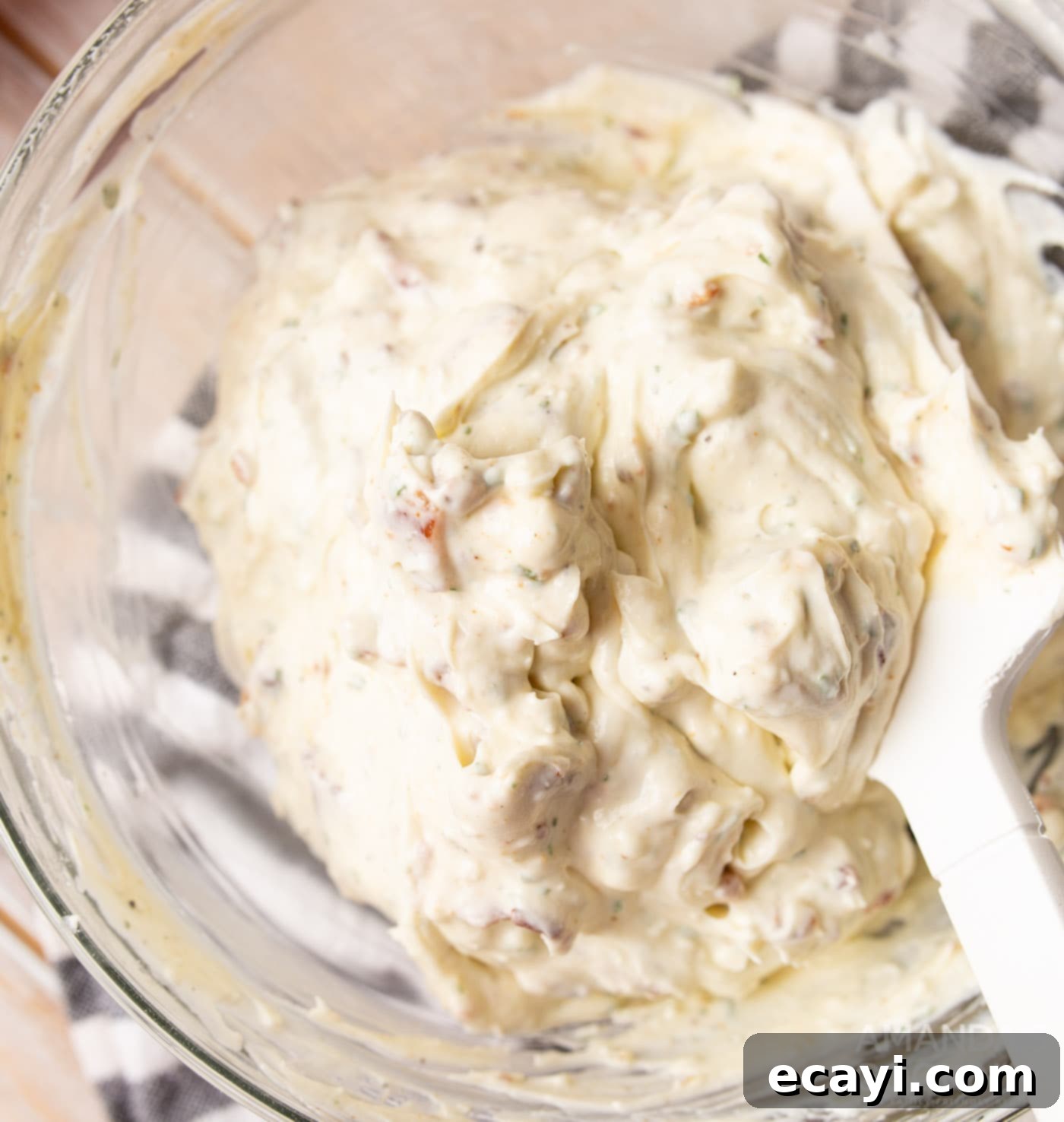 Swirl Sandwiches 6 Club sandwich spread with bacon in a mixing bowl