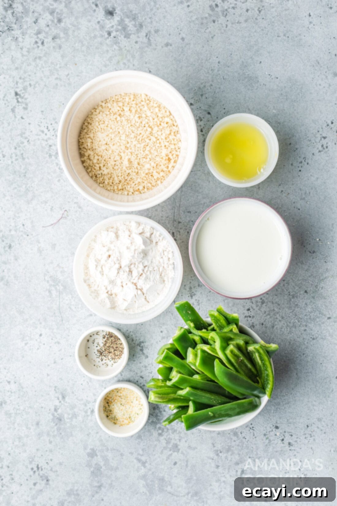 Crispy Air Fryer Jalapeño Fries 4 A selection of fresh ingredients including jalapenos, buttermilk, flour, panko, and spices, laid out for Air Fryer Jalapeno Fries preparation