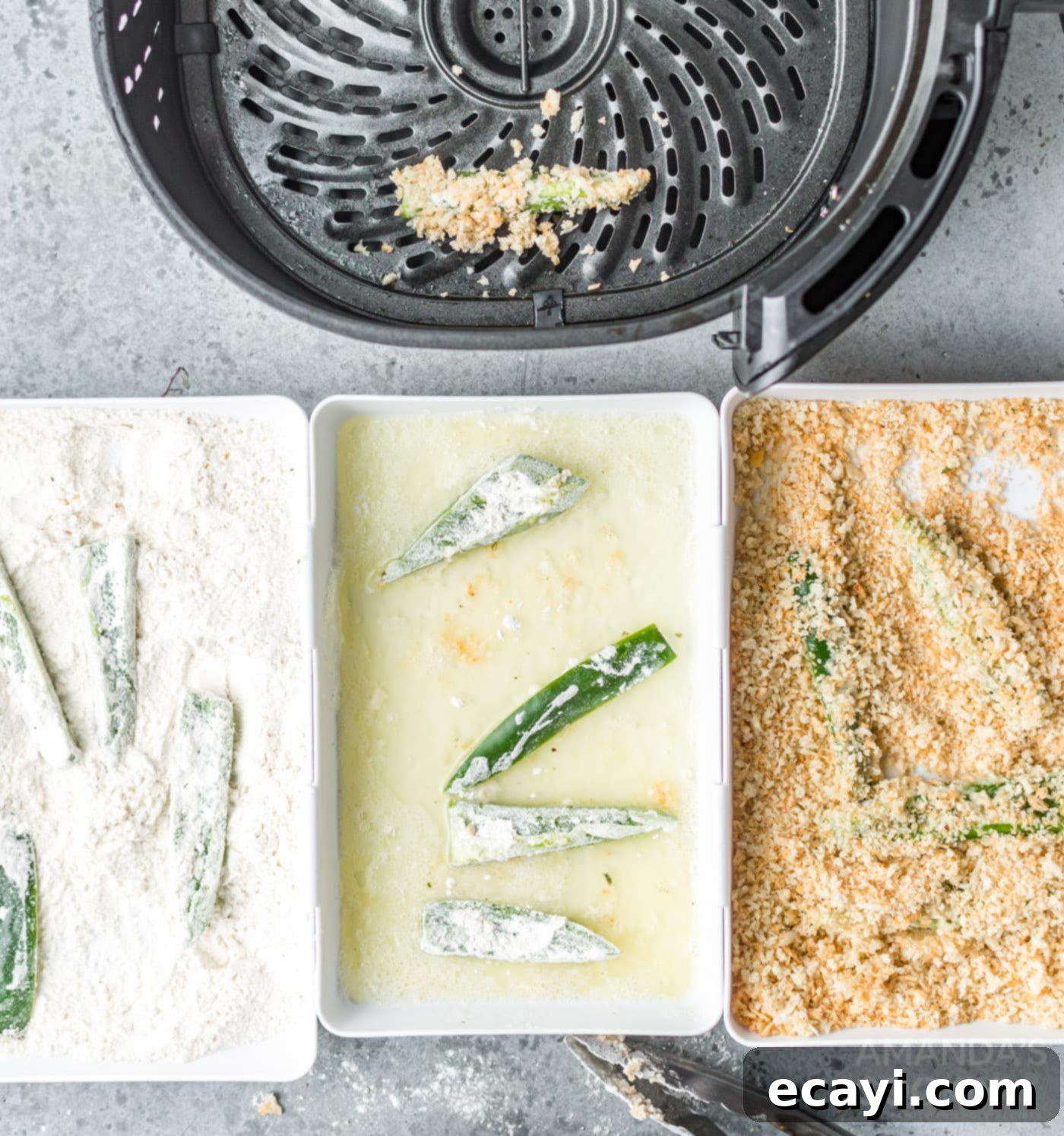 Crispy Air Fryer Jalapeño Fries 5 Jalapeno slices being breaded through bowls of buttermilk, panko, and seasoned flour