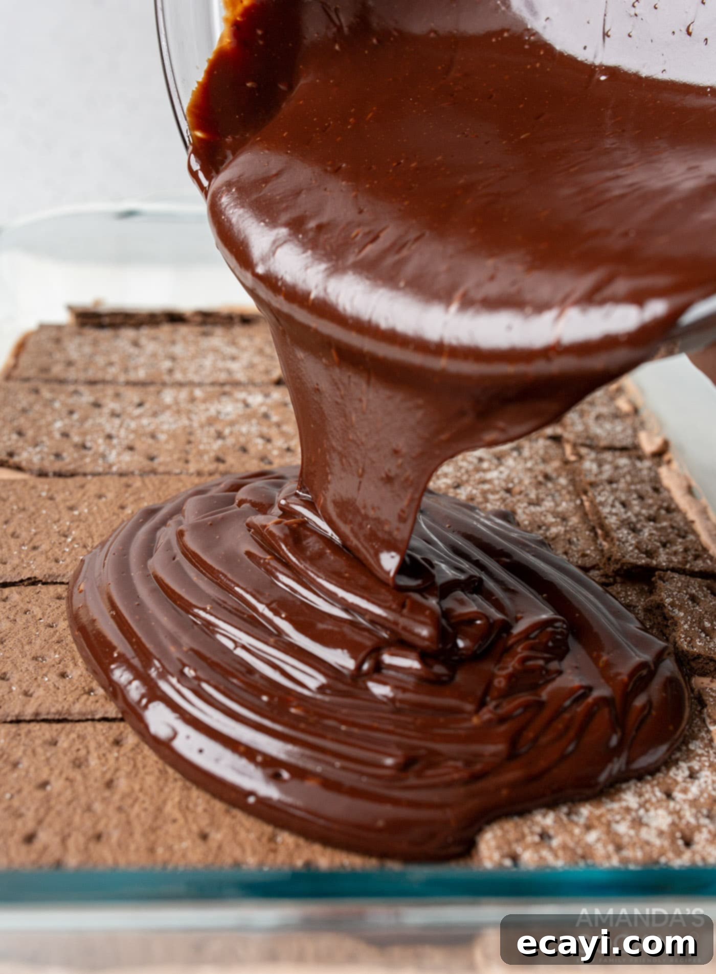Chilled Chocolate Dream 9 pouring ganache over chocolate graham crackers
