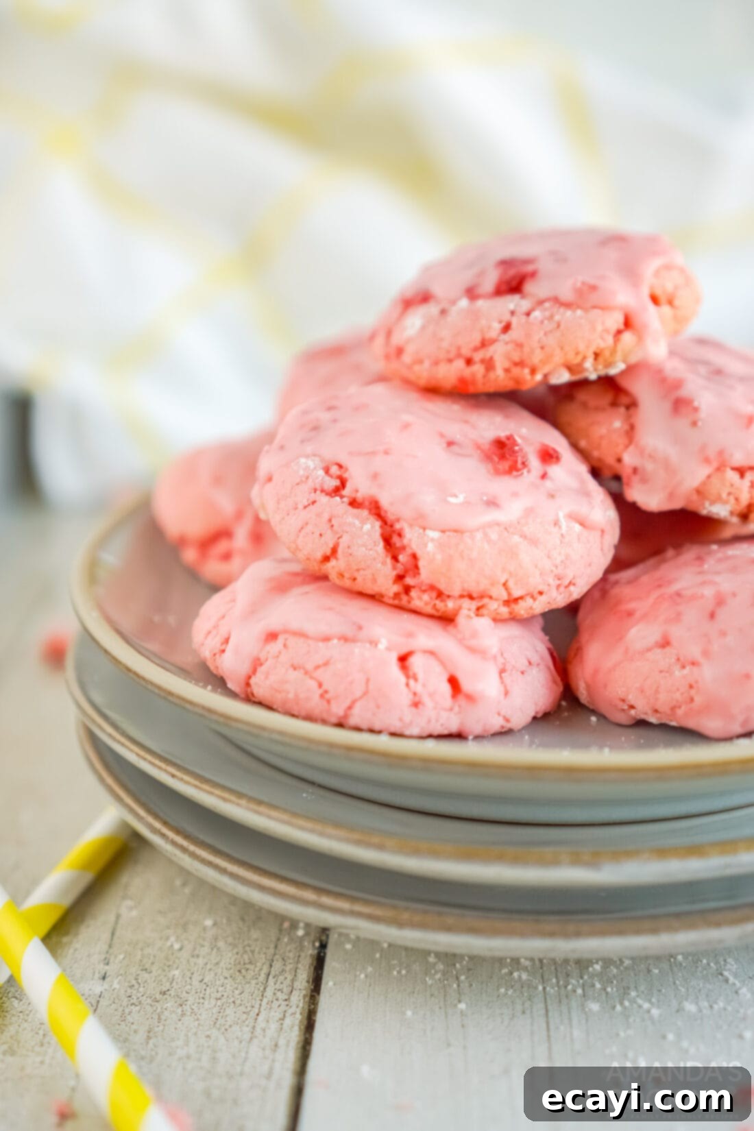 Easy Strawberry Cake Mix Cookies 13 plate of Strawberry Cake Mix Cookies with pink glaze