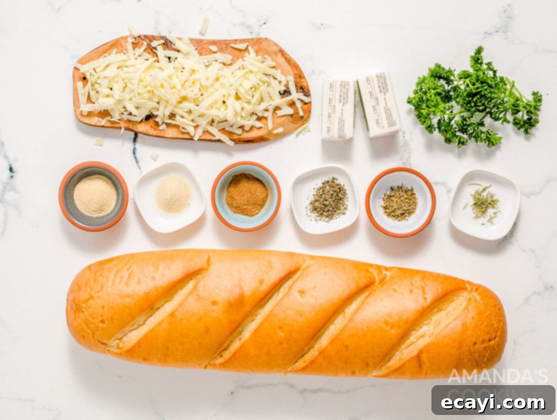 Garlic Cheese Bliss 4 A collection of ingredients for Cheesy Garlic Bread including bread, butter, cheese, and spices