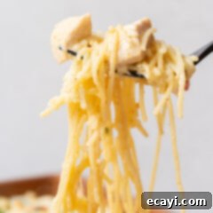 Creamy Chicken Spaghetti Bake 11 A serving of chicken spaghetti being lifted with a fork, showcasing its cheesy texture.