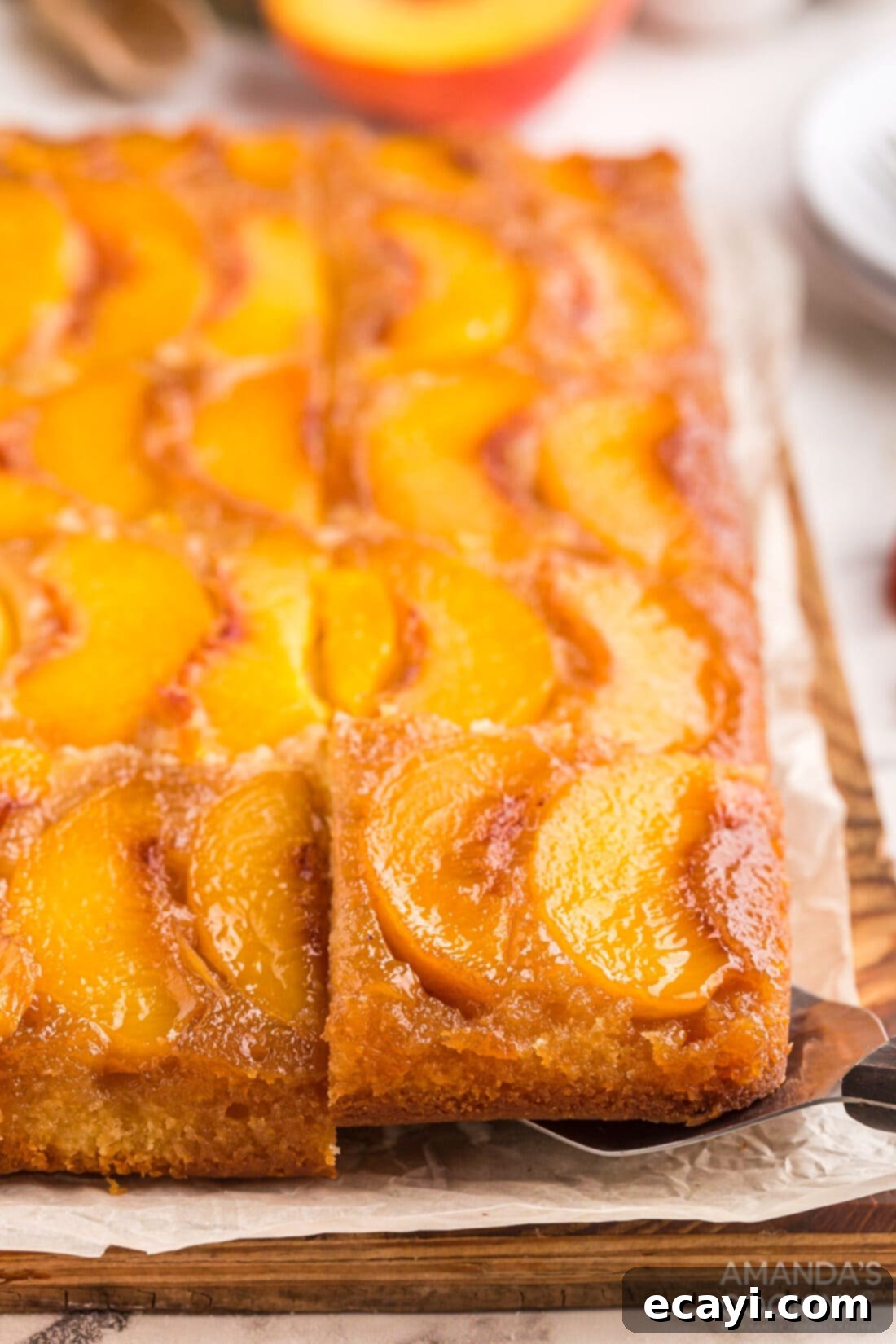 Golden Peach Crown Cake 2 Sliced Peach Upside Down Cake with caramelized peaches on top