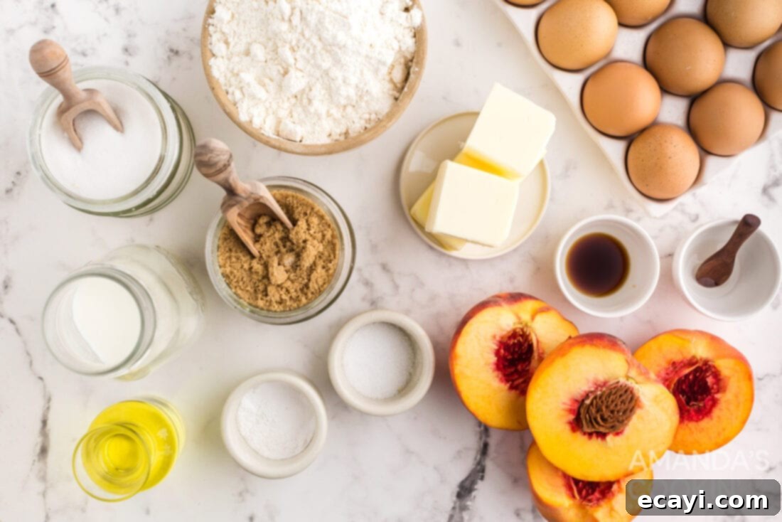 Golden Peach Crown Cake 4 Assortment of ingredients for Peach Upside Down Cake, including peaches, butter, sugar, flour, and eggs
