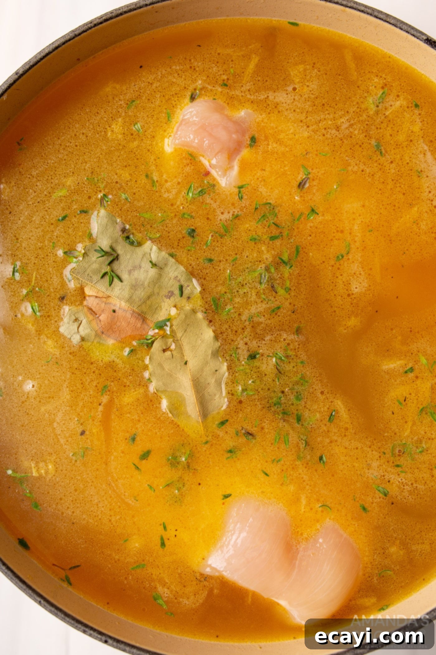 Golden Chicken Noodle Comfort 5 bay leaves, thyme, and chicken breasts in chicken noodle soup broth