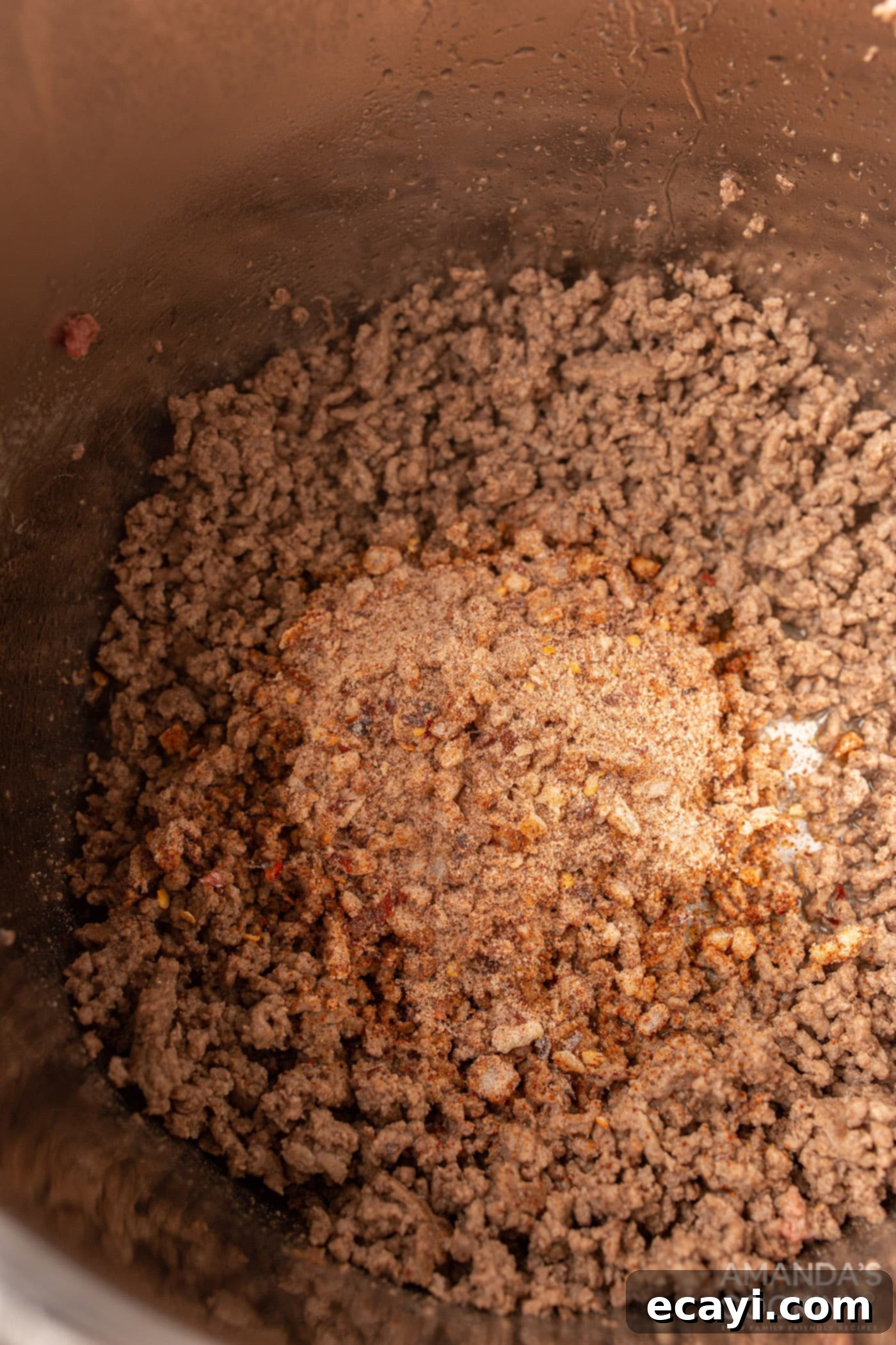 One-Pot Wonder Chili 5 ground beef and seasonings in an instant pot