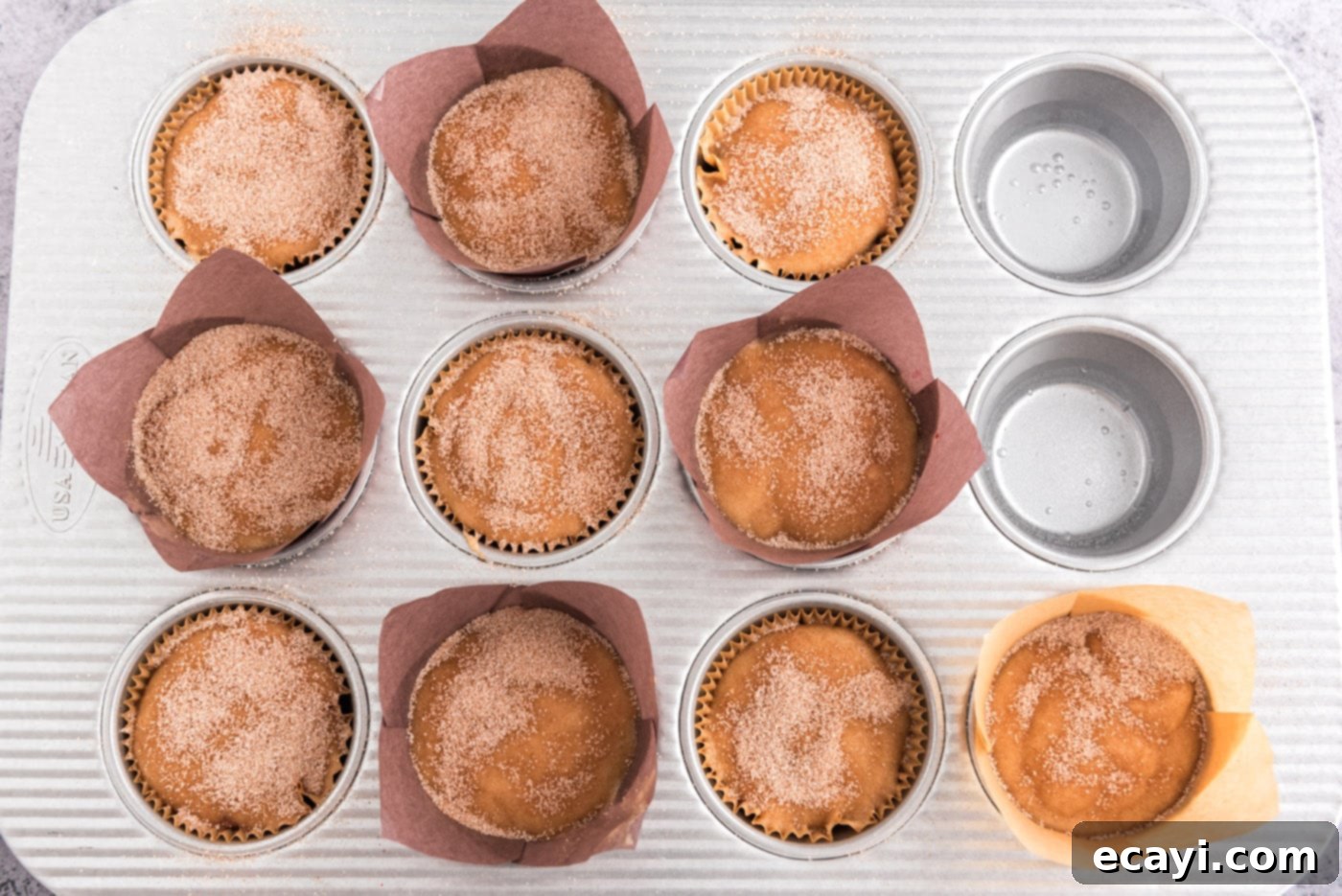 Sparkling Sugar Plum Muffins 16 Muffin batter in a pan, now topped with a sparkling layer of cinnamon sugar before baking.