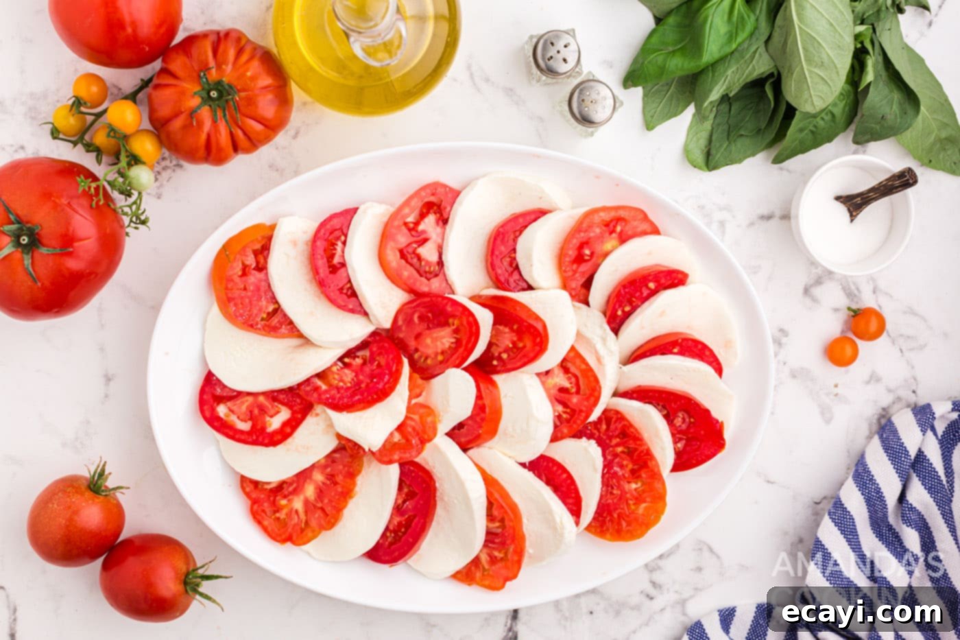 Fresh Caprese Salad 5 sliced tomatoes and mozzarella arranged on a plate
