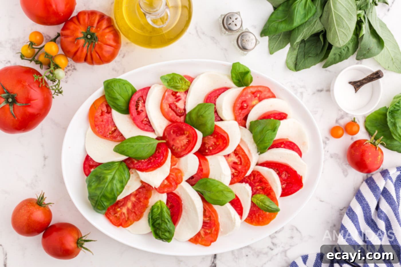 Fresh Caprese Salad 6 caprese salad ingredients on a platter