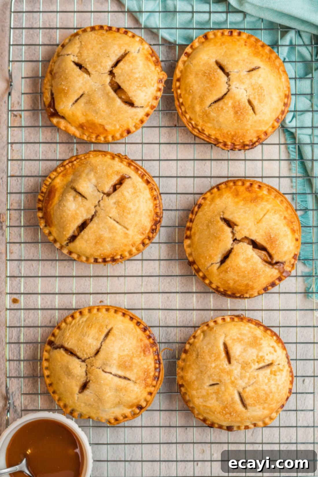 Golden Apple Pockets 2 Apple Hand Pies on a wire rack, freshly baked and golden