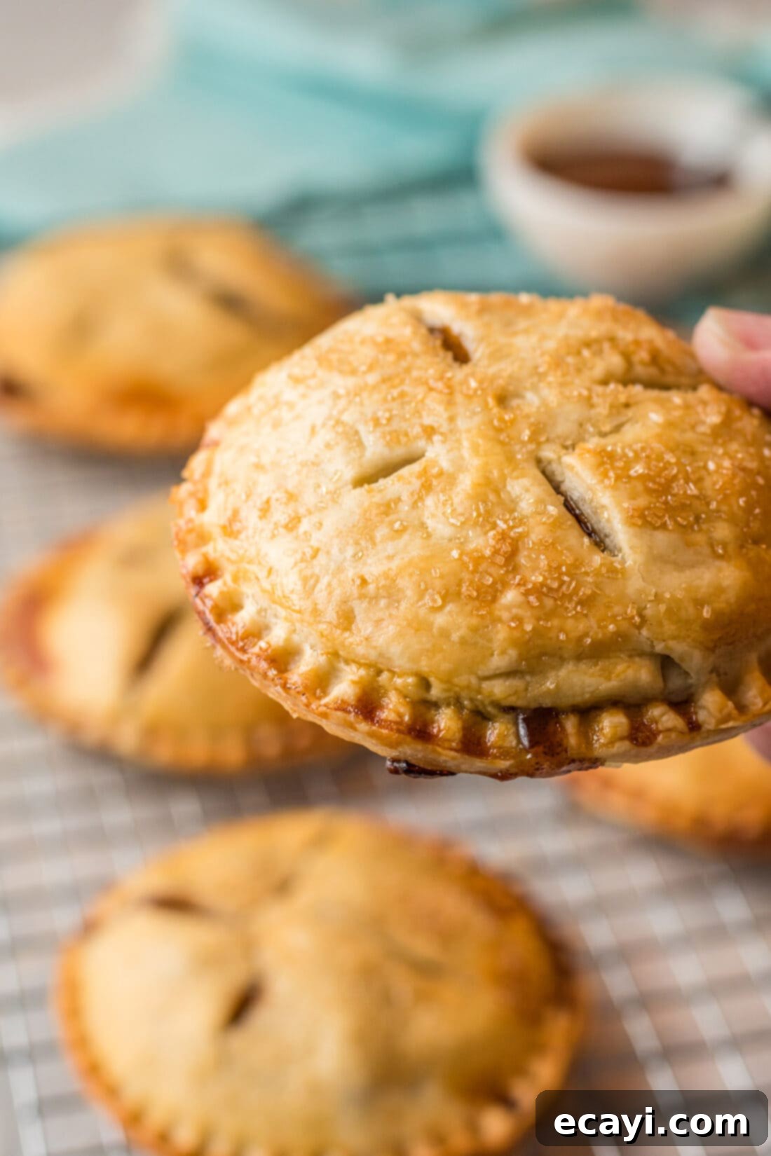 Golden Apple Pockets 12 Hand holding an Apple Hand Pie, showcasing its golden crust
