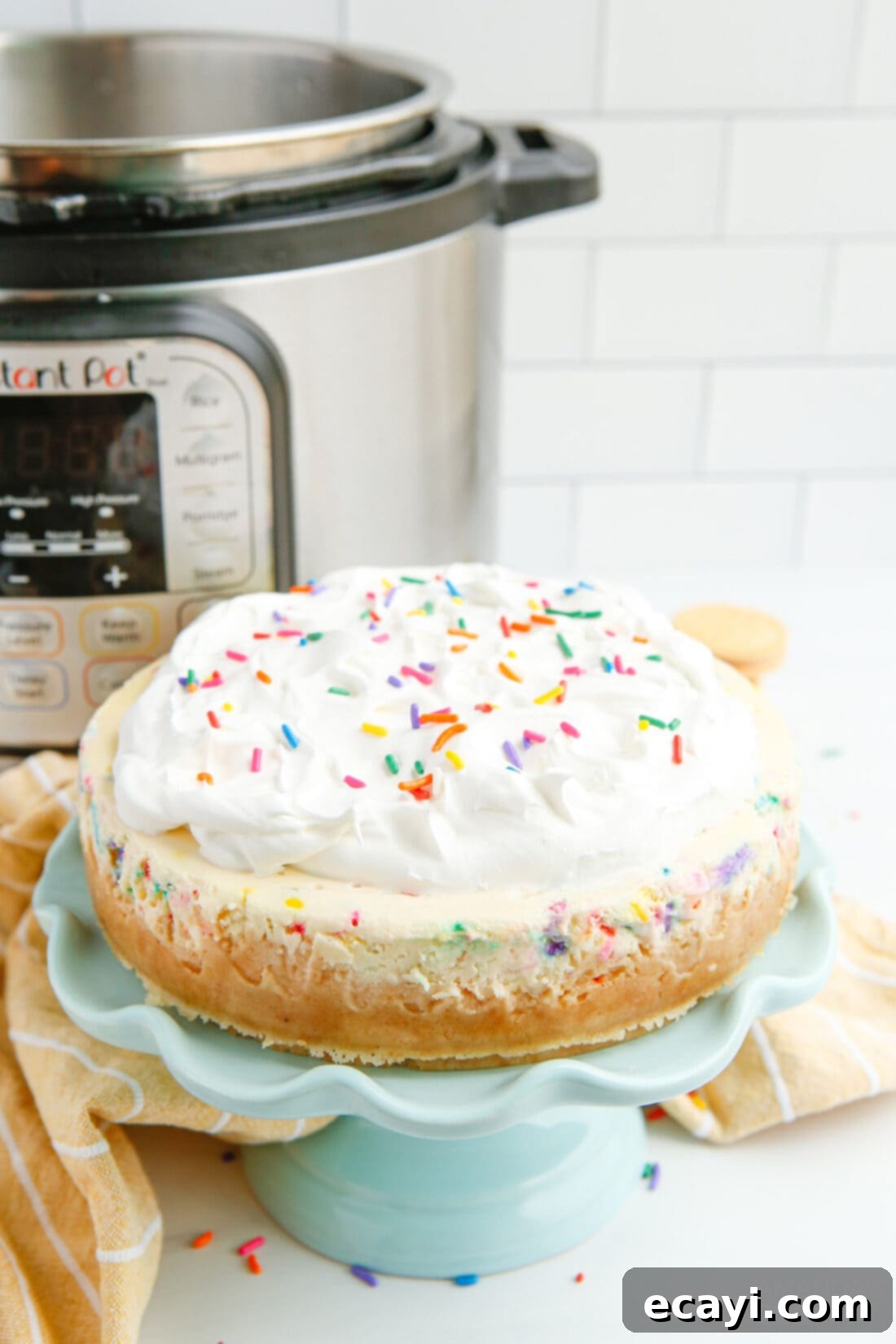 Effortless Instant Pot Funfetti Cheesecake 3 Whole Instant Pot Funfetti Cheesecake ready for slicing