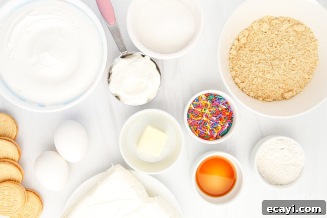 Effortless Instant Pot Funfetti Cheesecake 4 Ingredients laid out for Instant Pot Funfetti Cheesecake
