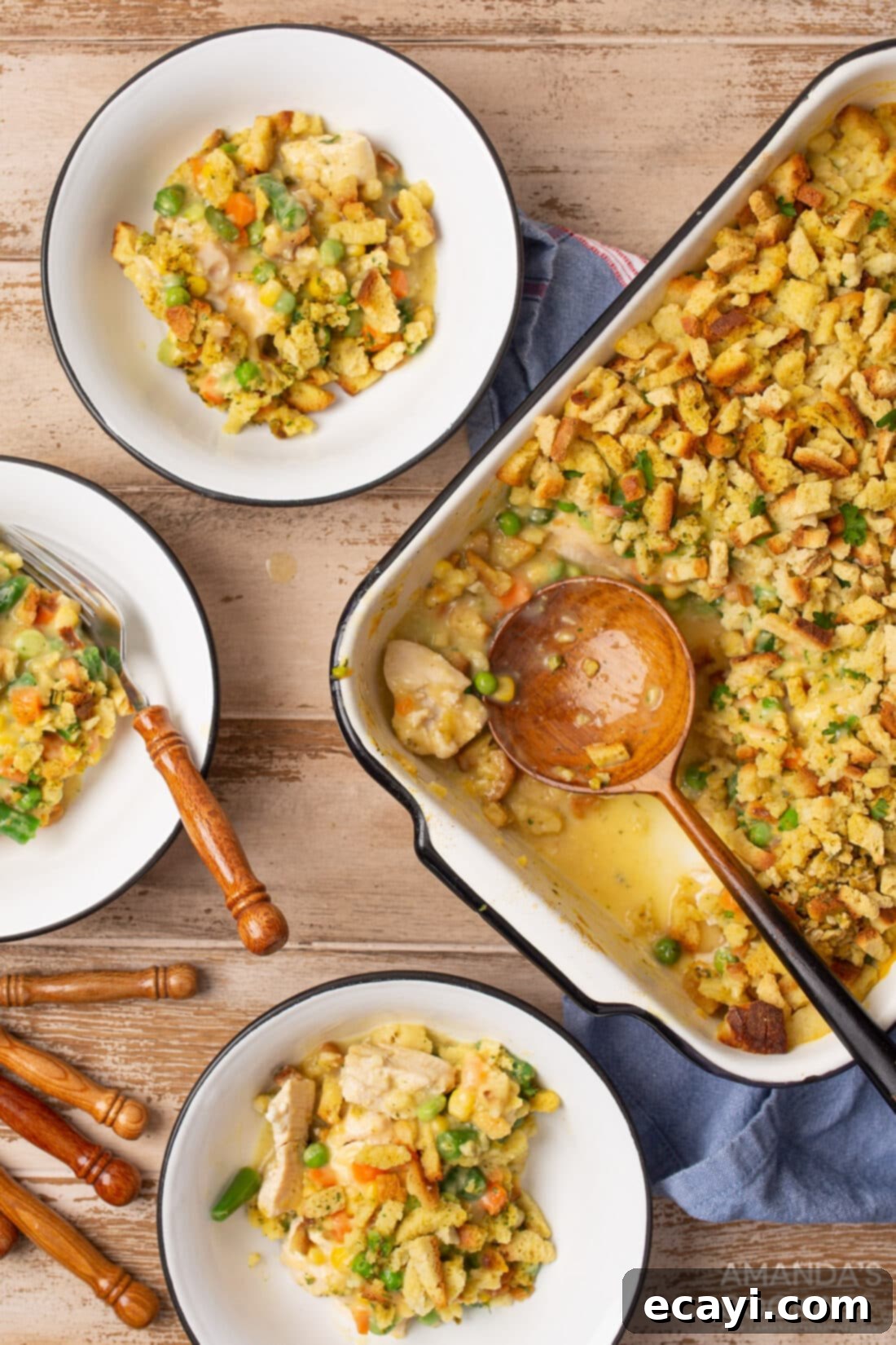 Savory Chicken and Stuffing Bake 3 pan of Chicken Stuffing Casserole and serving dishes
