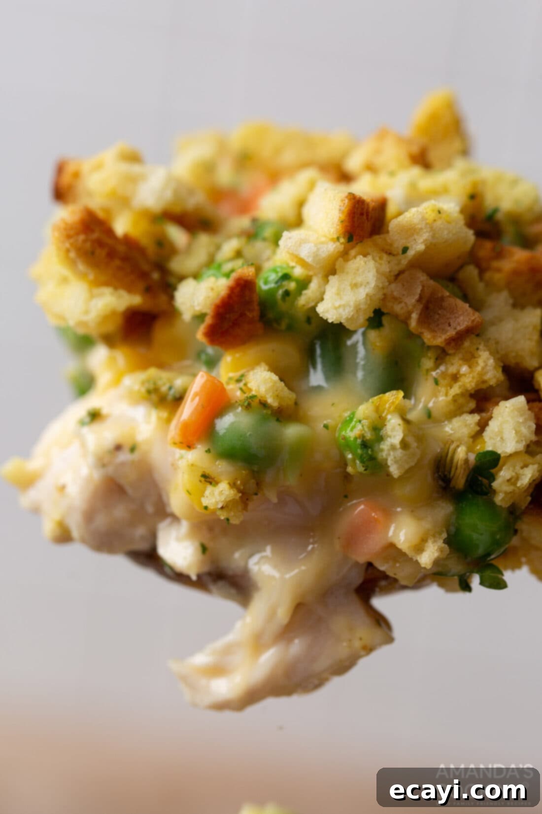 Savory Chicken and Stuffing Bake 7 serving spoon of Chicken Stuffing Casserole