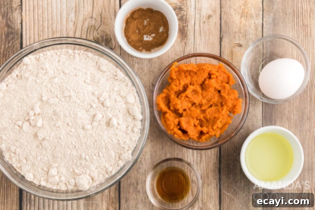 Easy Pumpkin Cake Mix Cookies 4 Ingredients laid out for Pumpkin Cake Mix Cookies: cake mix, pumpkin puree, oil, egg, vanilla, pumpkin pie spice