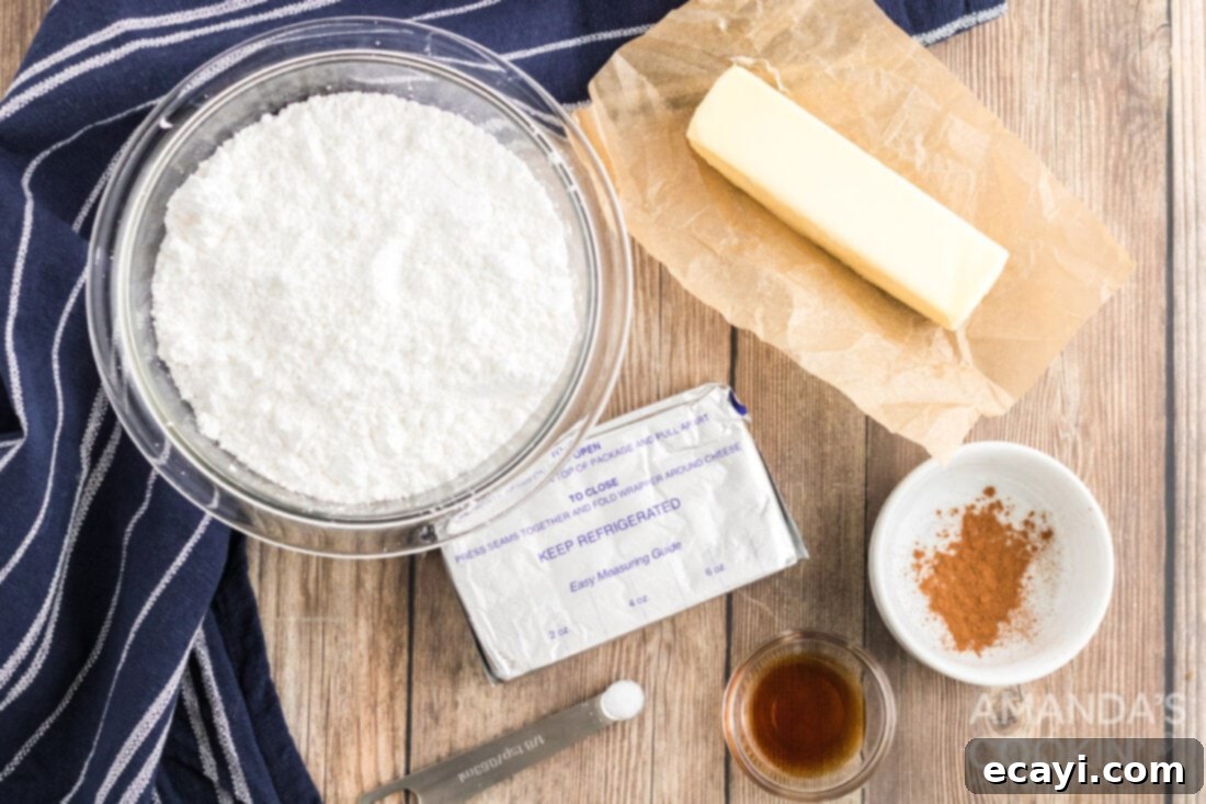 Easy Pumpkin Cake Mix Cookies 5 Ingredients laid out for cream cheese frosting: confectioners sugar, cream cheese, butter, vanilla, salt