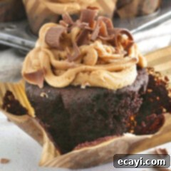 Irresistible Chocolate Peanut Butter Cupcakes 9 A close-up of a finished Chocolate Peanut Butter Cupcake, topped with rich frosting and chocolate shavings.