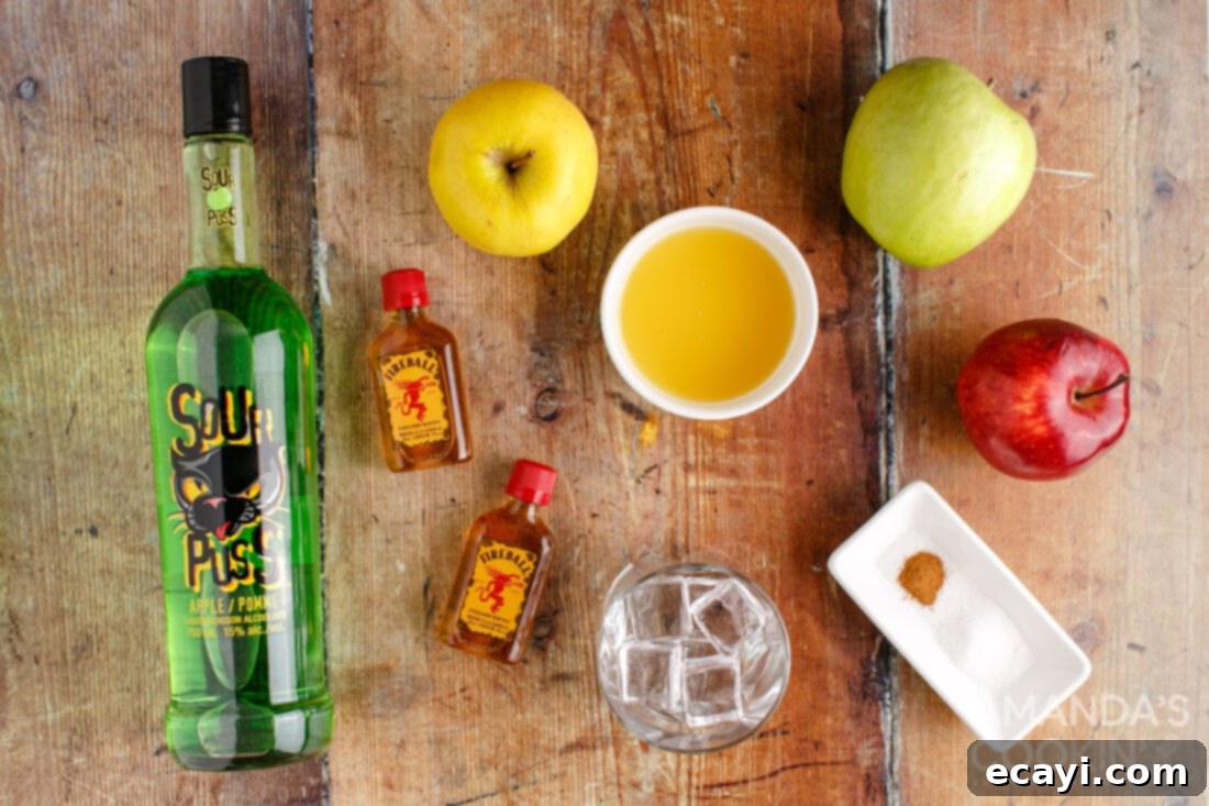 Harvest Spice Apple Elixir 4 Display of ingredients for making a Cinnamon Applesauce Cocktail including Fireball, Sour Apple Pucker, and pineapple juice