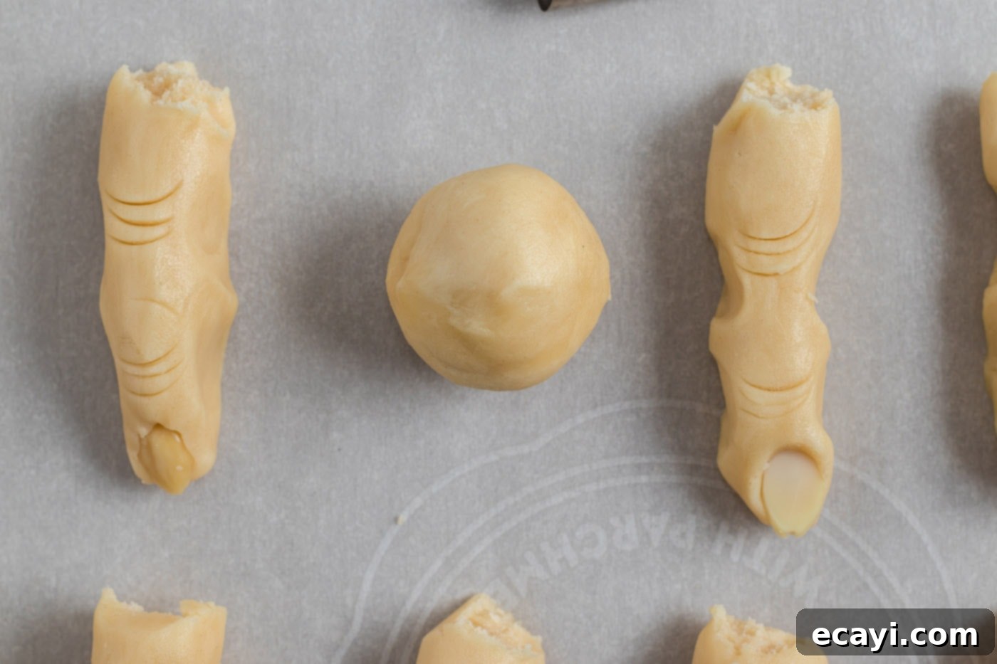 Wicked Fingers 8 A perfectly portioned ball of shortbread cookie dough, ready to be shaped into a spooky Witch Finger