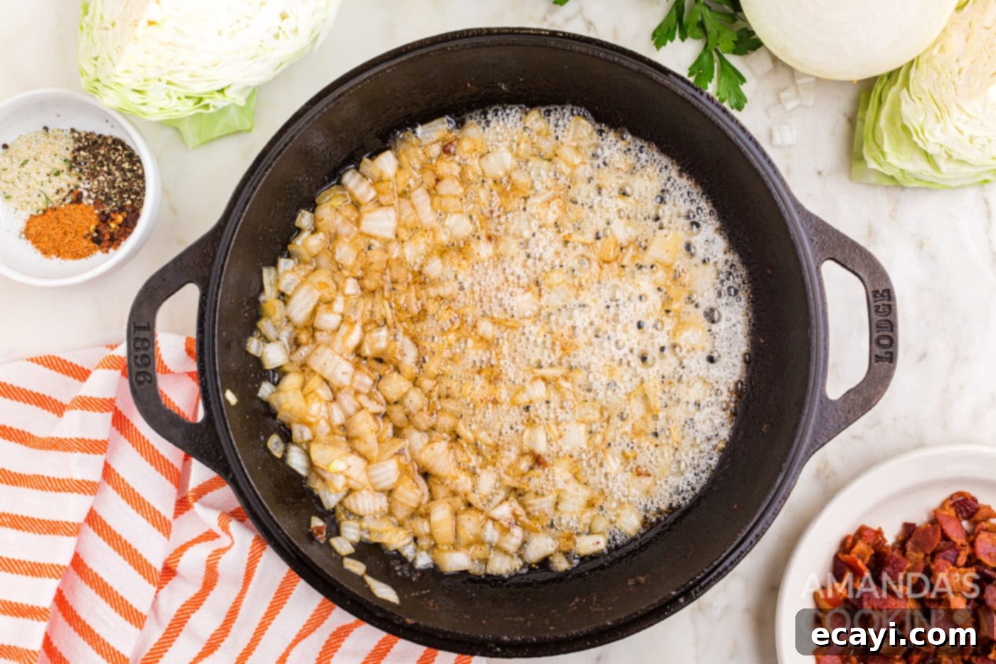 Golden Fried Cabbage 6 diced onion in a skillet