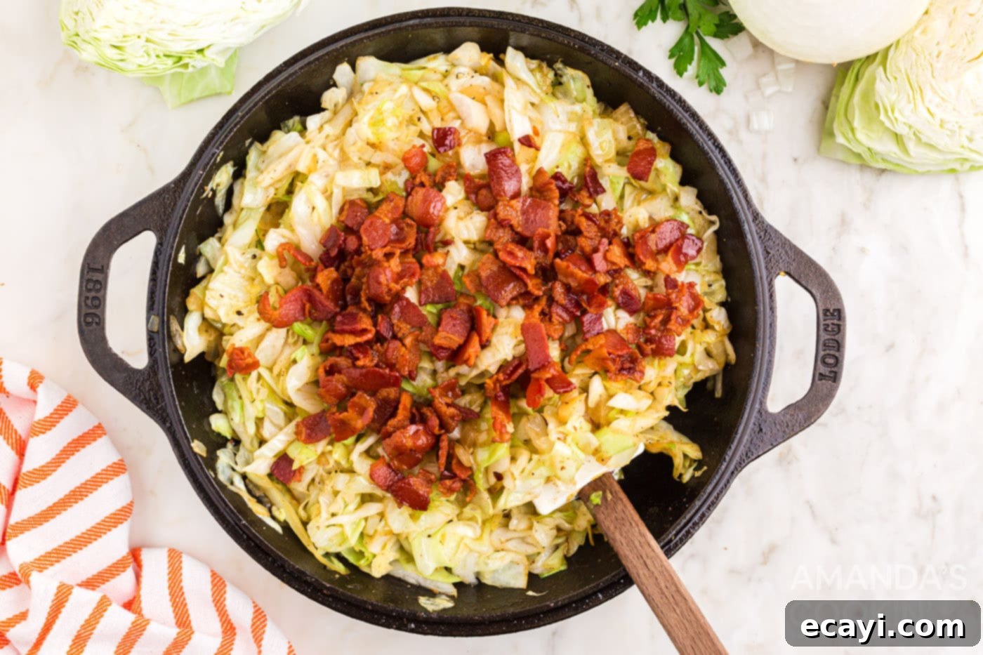 Golden Fried Cabbage 8 chopped bacon in a skillet with cabbage