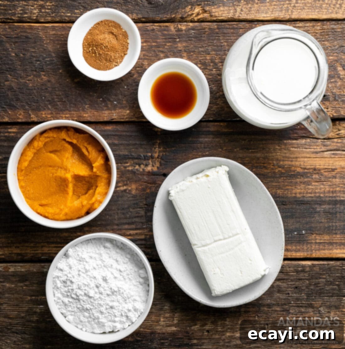 Spiced Pumpkin Pie Dip 4 assortment of ingredients laid out for Pumpkin Pie Dip recipe