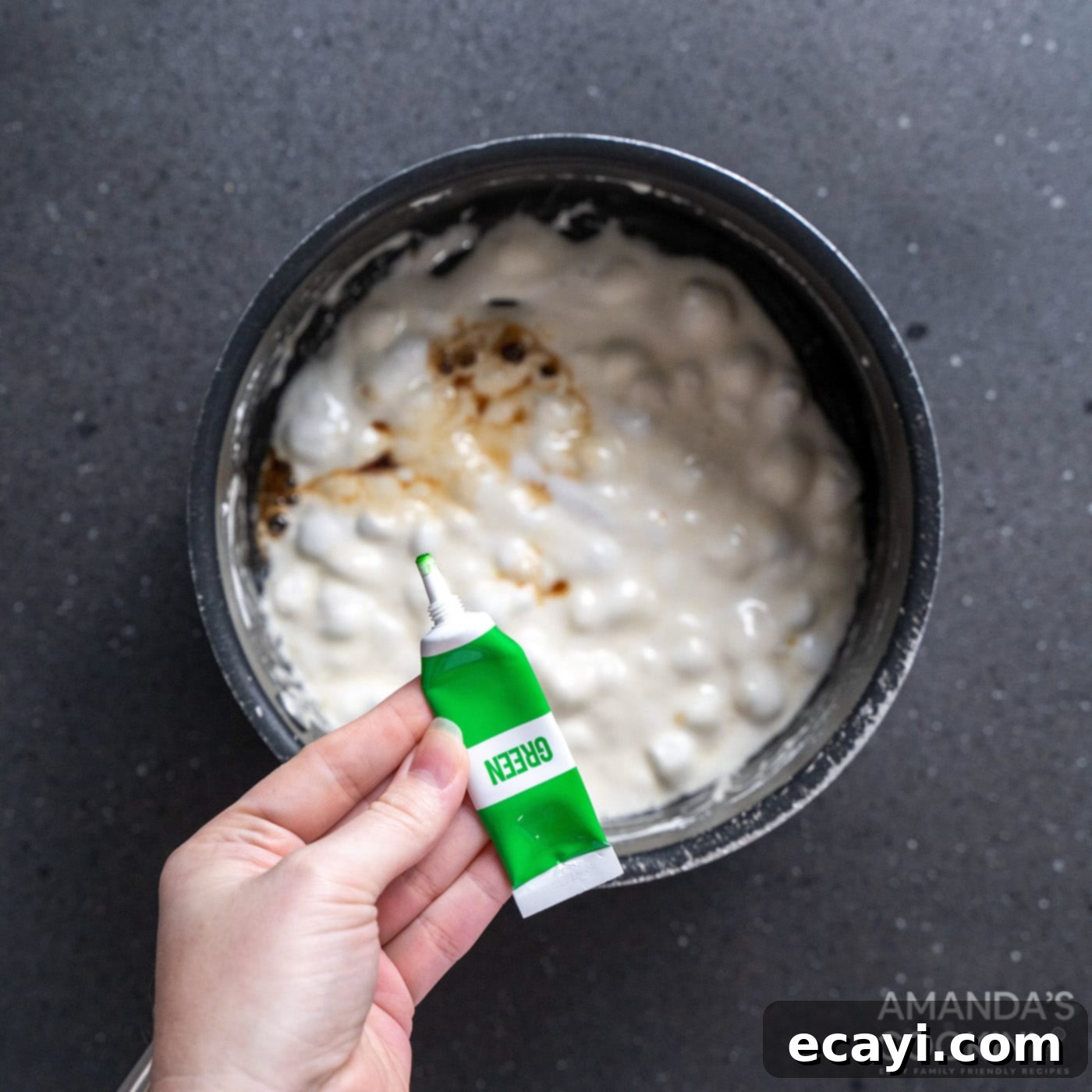 Franken-Crispy Treats 6 melted marshmallows in a saucepan